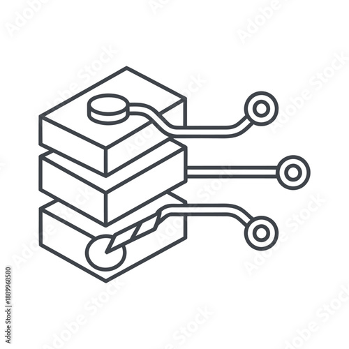Layered data storage icon, abstract server and database concept with lines and circles on transparent background