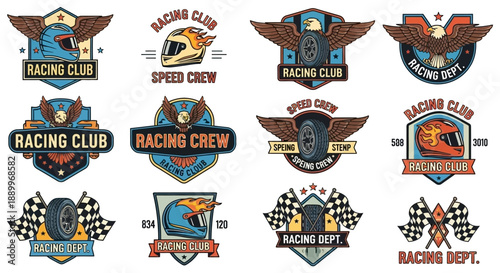 Collection of Racing Club Emblems with Helmets, Eagles, Tires, and Flags