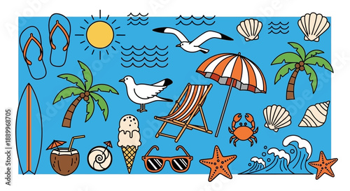 Vibrant Summer Vacation Icons: Beach, Travel, and Relaxation Essentials Collection