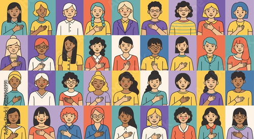 Diverse group of people placing hand on heart, symbolizing unity and patriotism