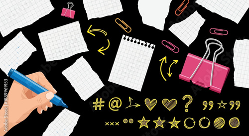Creative Collage of Torn Paper Notes, Stationery, and Symbols on Black Background