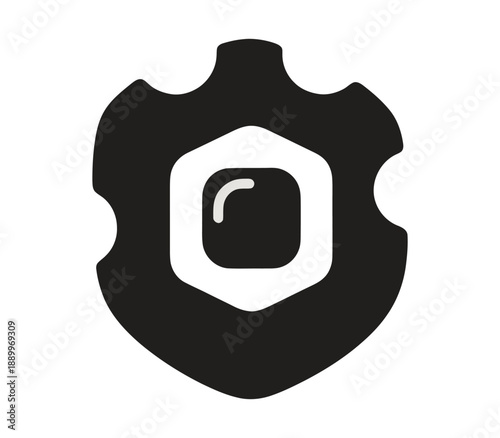 Abstract security shield icon with hexagonal shape inside, black and white vector symbol