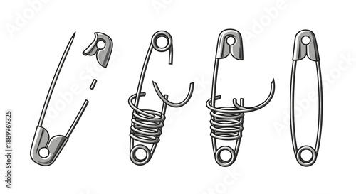 Safety Pin Illustration: Broken, Assembled, and Functional Designs with Coiled Spring