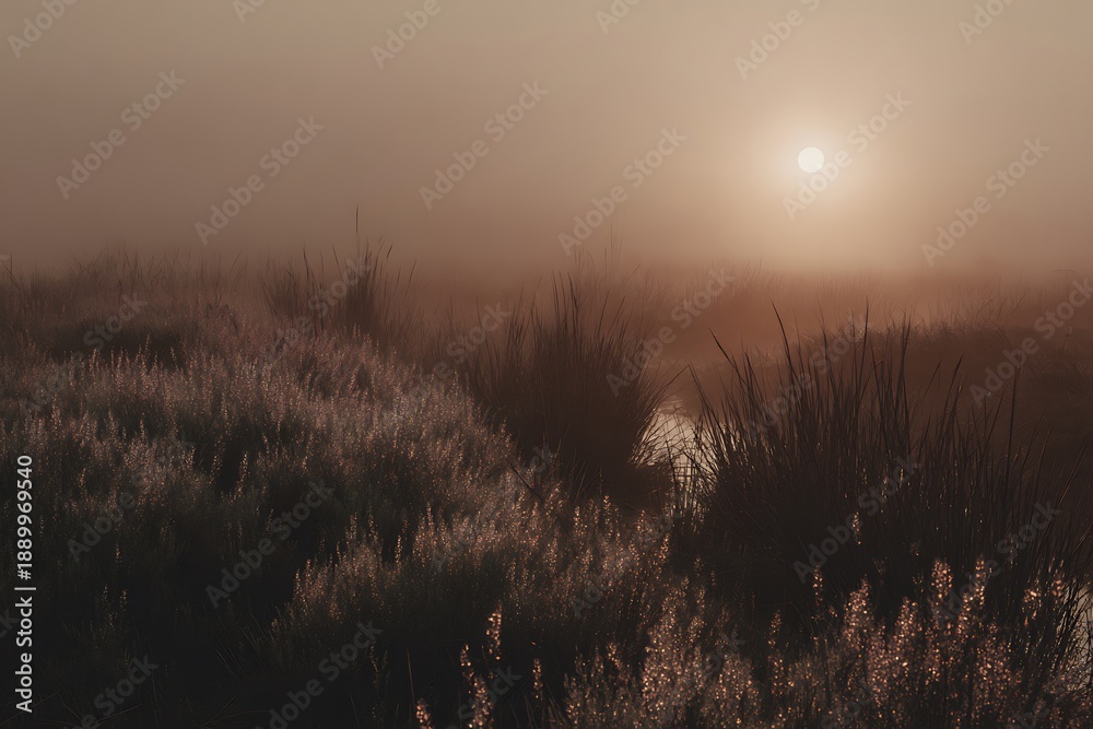 Fototapeta premium A serene landscape of a misty field at sunrise, with soft light filtering through the fog and illuminating the grass.