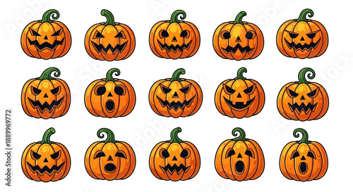 Set of 15 Cartoon Jack-o'-Lantern Pumpkins with Various Spooky Faces