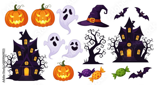 Halloween Icons Collection: Spooky Ghosts, Pumpkins, Haunted Houses, Bats, and Witch Hat