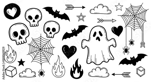 Whimsical Halloween Vector Icons: Bats, Ghosts, Skulls, Spiders, and Flames