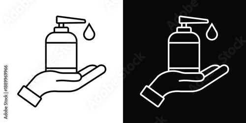 Line art icon of a hand receiving soap or sanitizer from a pump bottle. Health and hygiene symbol representing hand washing, skincare, and liquid soap dispensing.