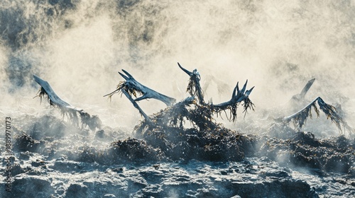 A tangled mass of brittle dried seaweed and barnacle encrusted detritus on a misty shore