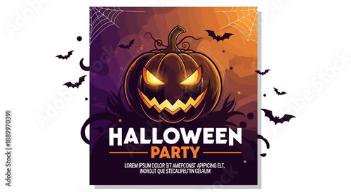 Scary Halloween Party Poster with Jack-o-Lantern, Bats, and Spooky Atmosphere