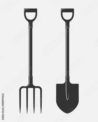 Spade and pitchfork graphic icon. Work tools sign isolated on white background. Vector illustration