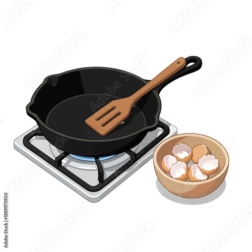 A simple and classic isometric illustration of a cast iron skillet on a gas stove, a timeless and versatile tool for rustic, home-style cooking and baking.
