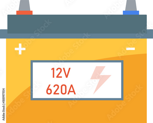 Foto Automotive battery displaying voltage, amperage, lightning bolt symbol, essential vehicle component for power