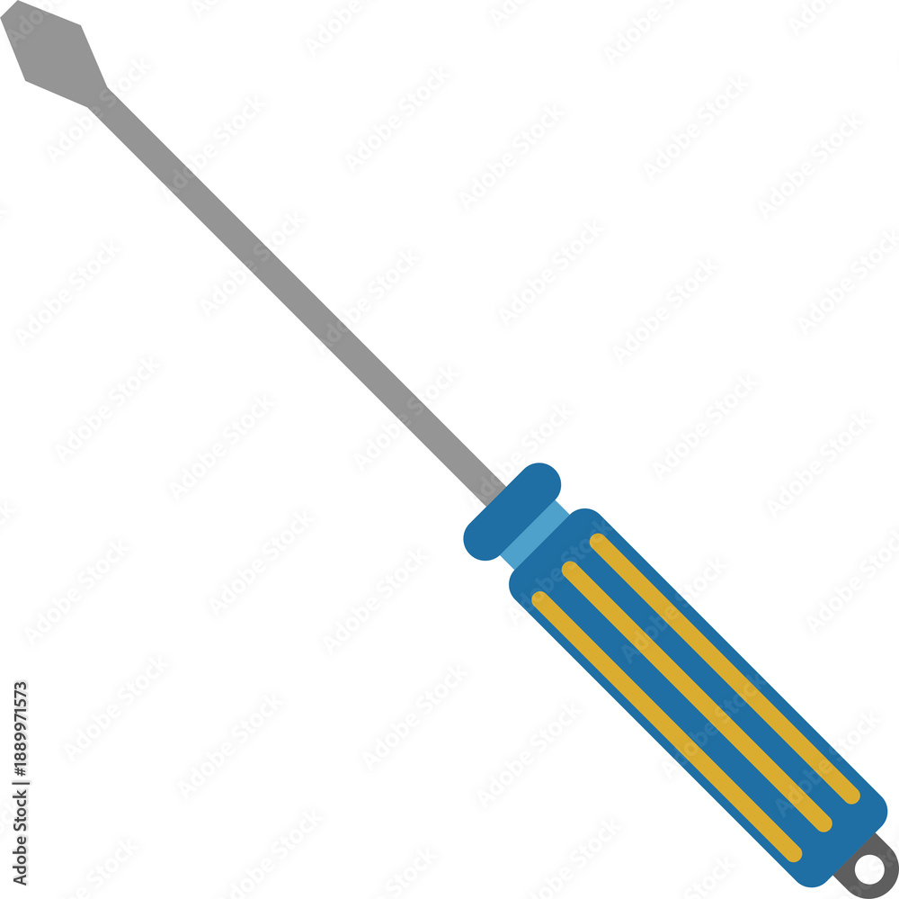 Naklejka premium Flathead screwdriver with blue handle, essential tool for repairs, maintenance, construction projects.