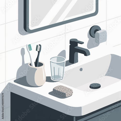 Modern bathroom sink vanity area featuring a black faucet with ceramic holder for toothbrushes and a glass cup for daily personal hygiene and dental care routines.