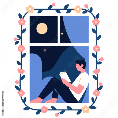 A person sits on a moonlit window sill at night, peacefully reading a book while surrounded by a decorative floral vine frame in a minimalist vector art style.