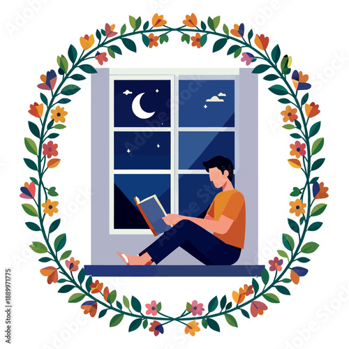 Young person reading a book while sitting on a window sill at night under a crescent moon, framed by a beautiful floral wreath for a cozy bedtime reading atmosphere.