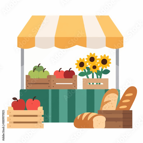 Charming outdoor farmers market stall selling fresh red and green apples, sunflowers, and crusty artisanal bread under a yellow and white striped awning.