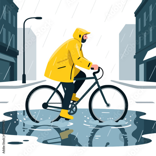 A person wearing a bright yellow raincoat cycles through a rainy city street with puddles, commuting safely in wet weather while using a black bicycle.
