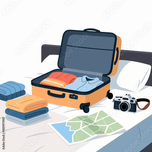 An open yellow suitcase on a bed is being packed with folded clothes, a digital camera, and a map, preparing for an exciting summer vacation or travel trip.