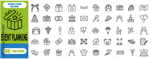 Event planning icon set. Containing decorations, venue, event planner, registration, entertainment, catering, invitations, coordination and more. Vector illustration