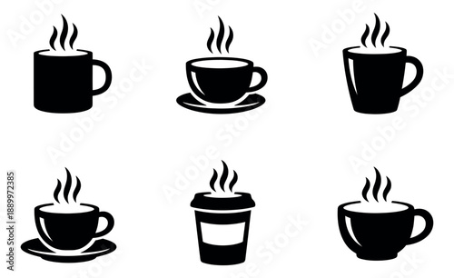 Minimalist hot beverage icon set featuring steaming coffee mugs and a to-go cup for cafe designs and drink menus