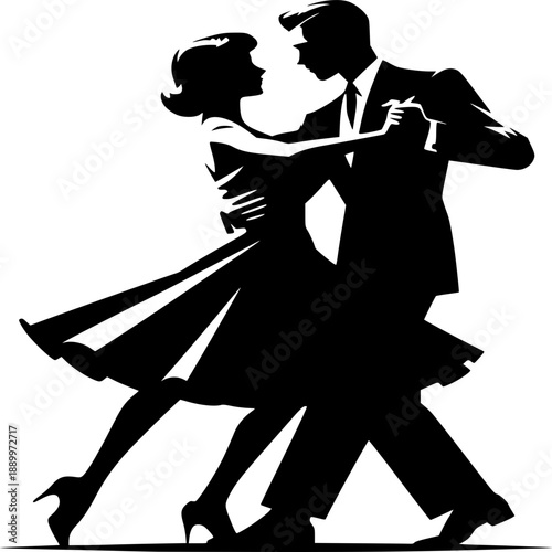 Elegant Silhouette: Dancing Couple in Motion: An exquisite monochrome silhouette captures the grace and intimacy of a couple mid-dance, embodying the timeless beauty of movement and emotion.