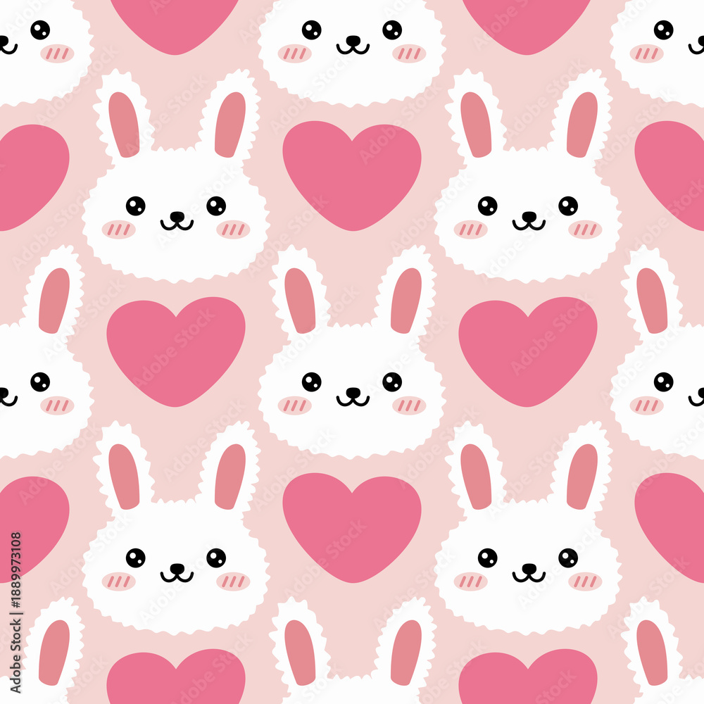 Obraz premium Adorable Kawaii Rabbit and Pink Heart Seamless Texture for Kids Textile and Decor