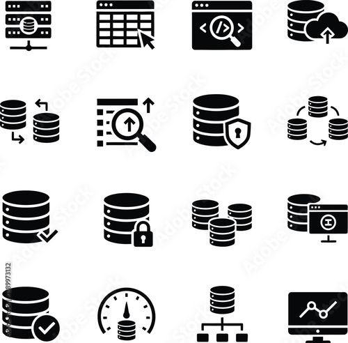 Database Management Icon Set Featuring Data Storage Server Infrastructure Cloud Backup SQL Query Optimization Secure Database Protection Big Data Analytics and Information Hosting Icons