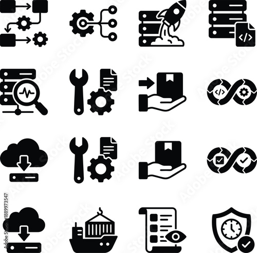 DevOps Icon Set, CI/CD Pipeline and Automation Workflow, Cloud Deployment, Server Monitoring, Infrastructure as Code, Software Development Operations, Container Shipping, Flat Vector Symbols
