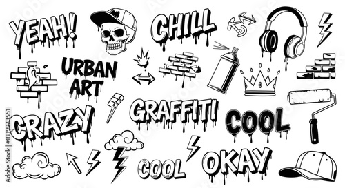 Graffiti Art Elements: Urban Style Drip Text, Skull, Headphones, Spray Can, Crown