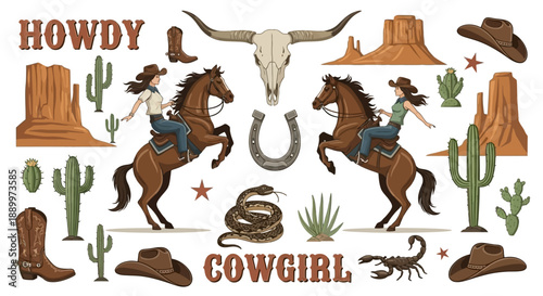 Western Cowboy and Cowgirl Themed Illustration with Desert Elements and Animals