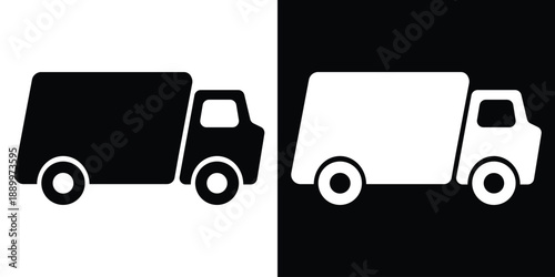 Delivery truck icon in solid black and white styles. Representing logistics, shipping, transport, and freight services. Minimalist vector illustration isolated on split backgrounds.