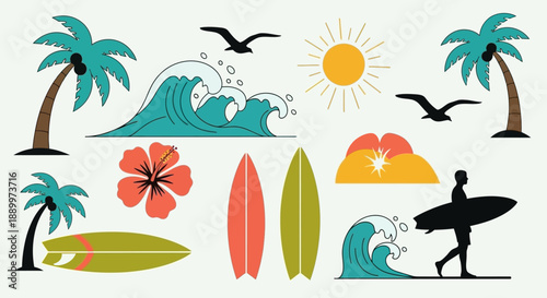 Tropical Beach Scene with Surfing Elements, Palm Trees, Sun, and Ocean Waves