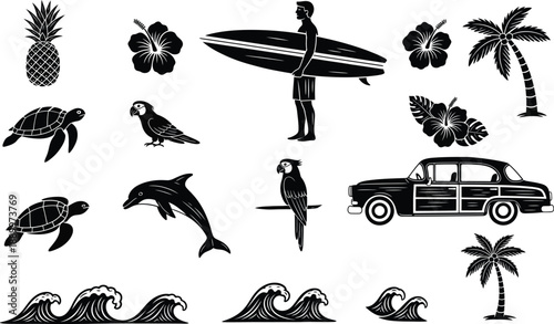 Set of tropical and hawaiian icons surfer, pineapple, palm tree, car, dolphin, turtle, parrot, hibiscus flower, and ocean waves