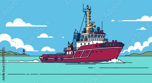 A vibrant red tugboat navigating bright blue ocean waters under a cloudy sky