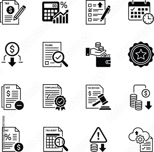 Tax Management and Financial Compliance Icon Set Featuring Minimalist Black Vector Symbols for Tax Filing Audits Value Added Tax VAT Refunds and Strategic Fiscal Planning