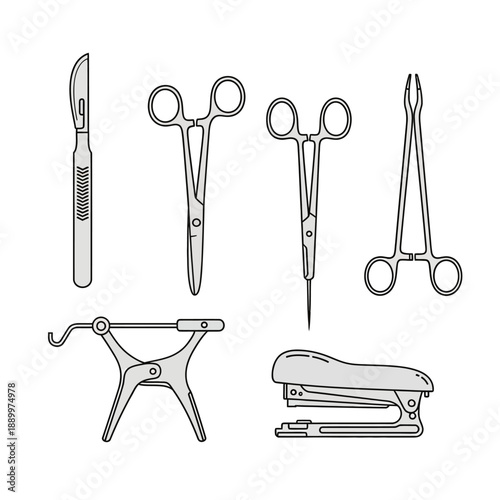 Various medical and office tools including scissors, stapler, and scalpels displayed in a simple line art style