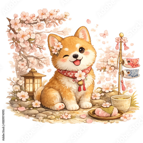Shiba Inu in a sakura garden