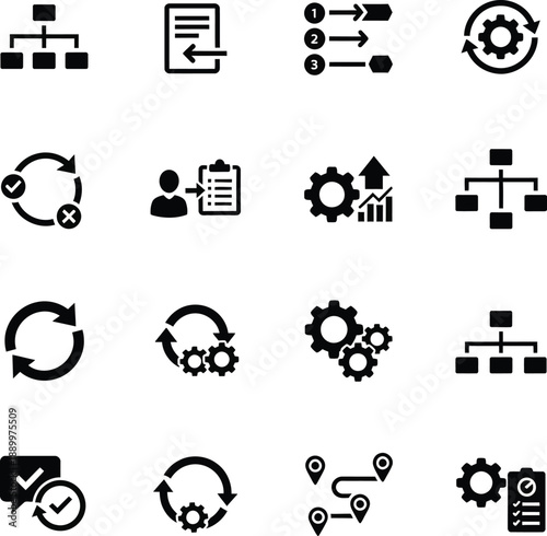 Workflow Process and Operations Management Icon Set Featuring Minimalist Black Vector Symbols for Organizational Hierarchy Cyclical Systems Business Automation and Strategic Task Mapping