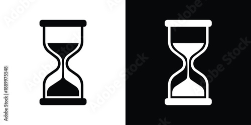 Classic hourglass icon in black and white versions. Vector symbol representing time, waiting, history, and deadlines. Minimalist flat design for app loading screens and web interfaces.