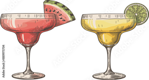 Hand drawn summer tropical cocktails set, with refreshing watermelon margarita and lime daiquiri for party drink menu