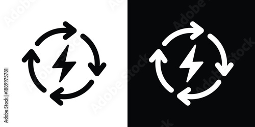 Lightning bolt inside a circular arrow cycle. Represents renewable energy, fast charging, sustainable power, and recycling energy. Modern black and white vector icons.