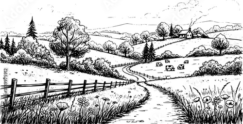 sketch countryside illustration background, silhouettes elements, flat