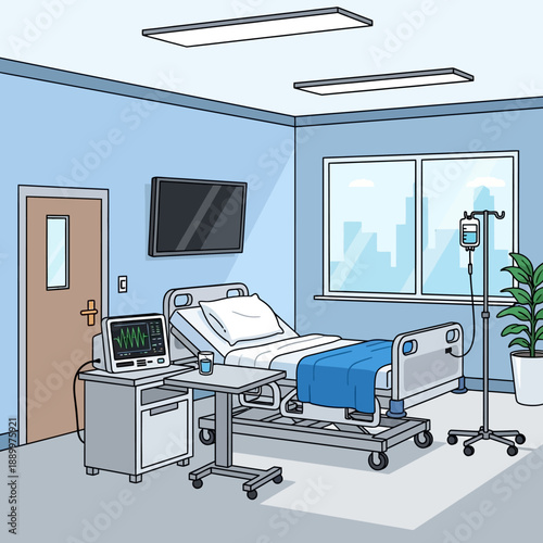 Hospital room with patient bed and medical equipment in a clinical environment viewed from the side