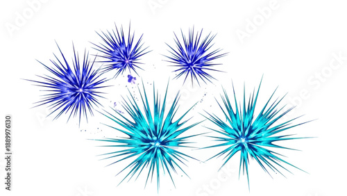 Abstract blue and cyan spiky 3D shapes on white background.