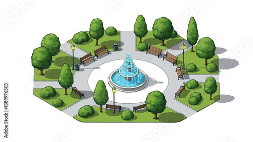 Isometric illustration of a small urban park with benches, trees, and a central water fountain.