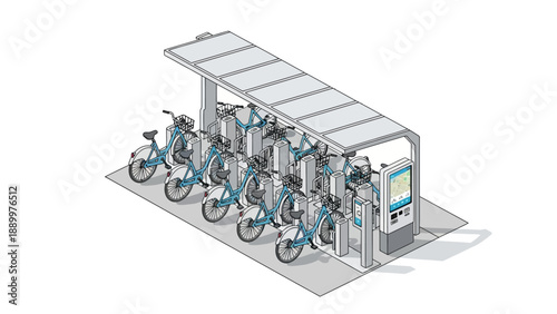 Modern electric bike sharing station with multiple bicycles and digital kiosk.