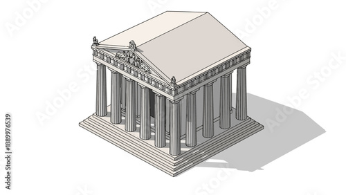 Isometric illustration of a classical Greek temple with columns and pediment.