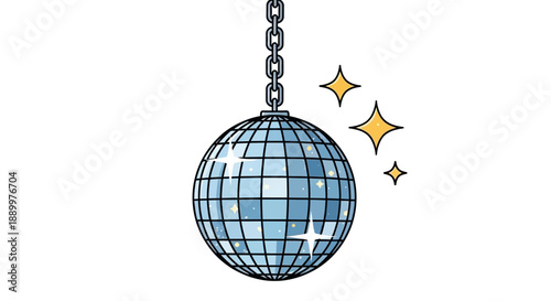 Shiny Disco Ball Hanging by a Chain with Sparkling Lights on White Background
